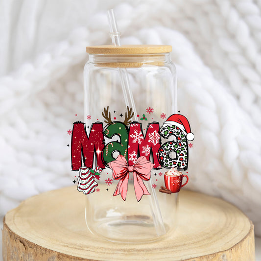 Christmas Mama Bow design on a 16 oz glass tumbler