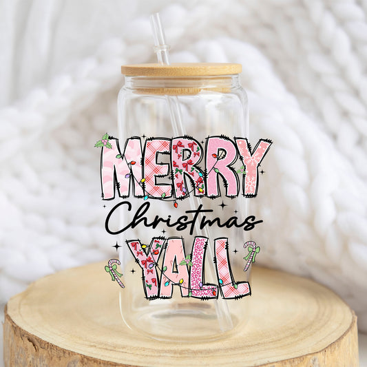 Merry Christmas Yall Pink design on a 16 oz glass tumbler