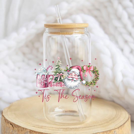Tis the Season Pink Santa design on a 16 oz glass tumbler