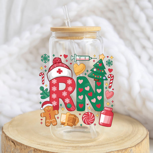 RN Christmas Nurse design on a 16 oz glass tumbler