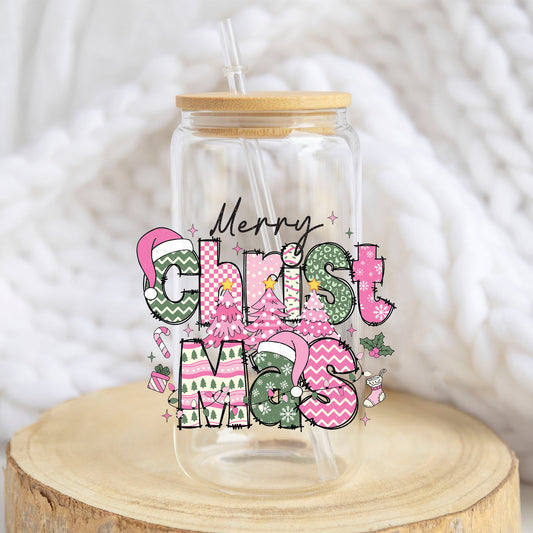Merry Christmas Pink Patchwork design on a 16 oz glass tumbler