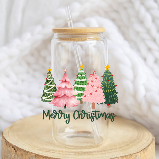 Merry Christmas Pink and Green Trees design on a 16 oz glass tumbler