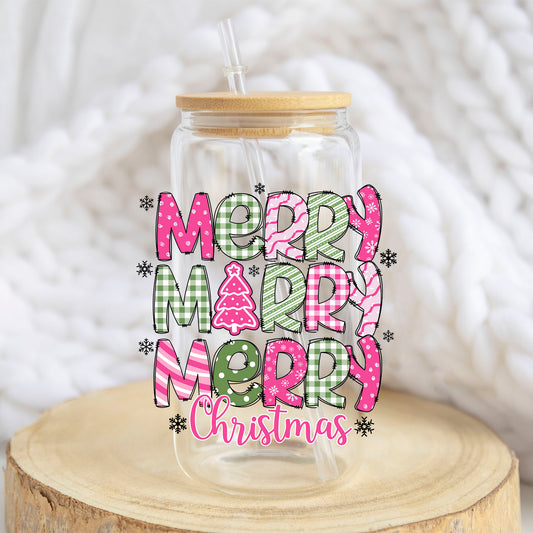 Merry Merry Merry Christmas design on a 16 oz glass tumbler