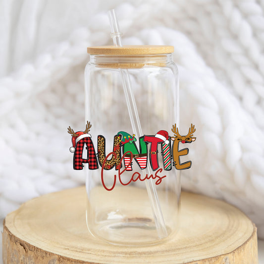 Auntie Claus design on a 16 oz glass tumbler