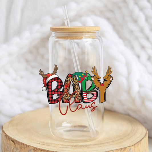 Baby Claus design on a 16 oz glass tumbler