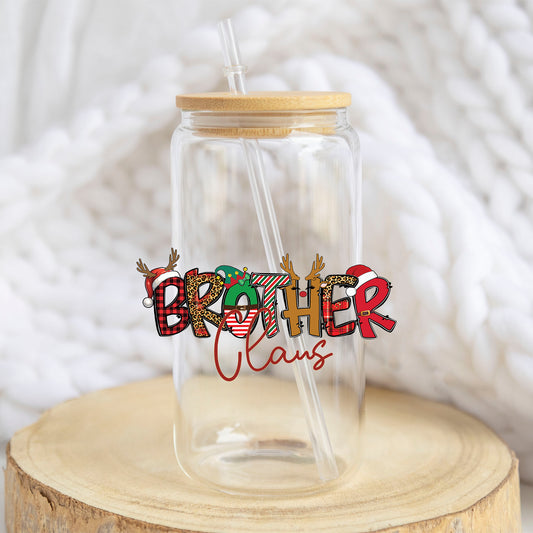 Brother Claus design on a 16 oz glass tumbler