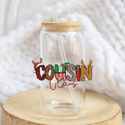 Cousin Claus design on a 16 oz glass tumbler