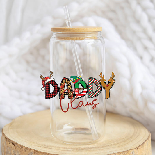 Daddy Claus design on a 16 oz glass tumbler