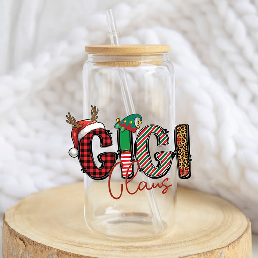 Gigi Claus design on a 16 oz glass tumbler
