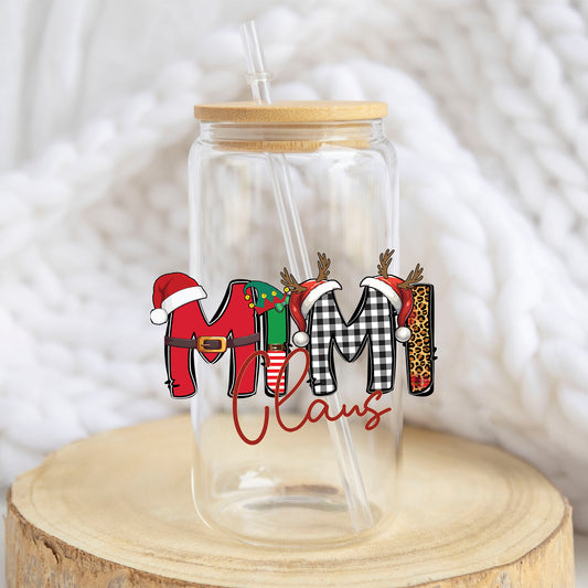 Mimi Claus design on a 16 oz glass tumbler