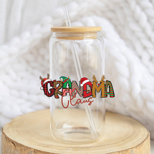 Grandma Claus design on a 16 oz glass tumbler