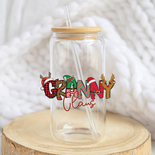 Granny Claus design on a 16 oz glass tumbler