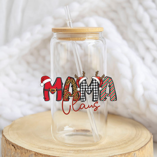 Mama Claus design on a 16 oz glass tumbler