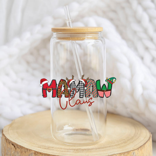 Mamaw Claus design on a 16 oz glass tumbler