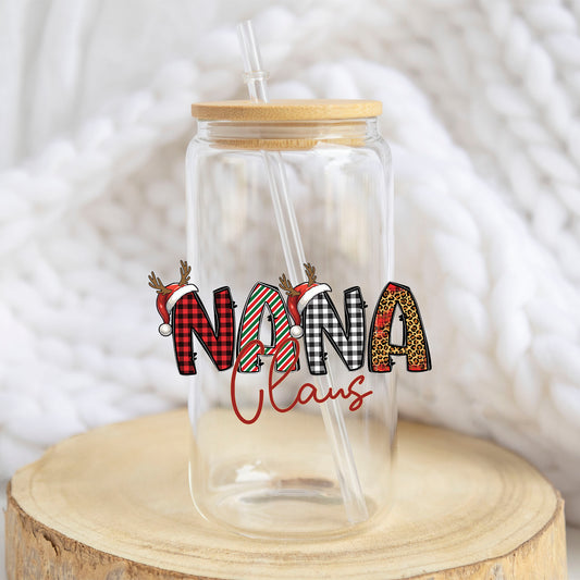 Nana Claus design on a 16 oz glass tumbler