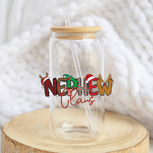 Nephew Claus design on a 16 oz glass tumbler