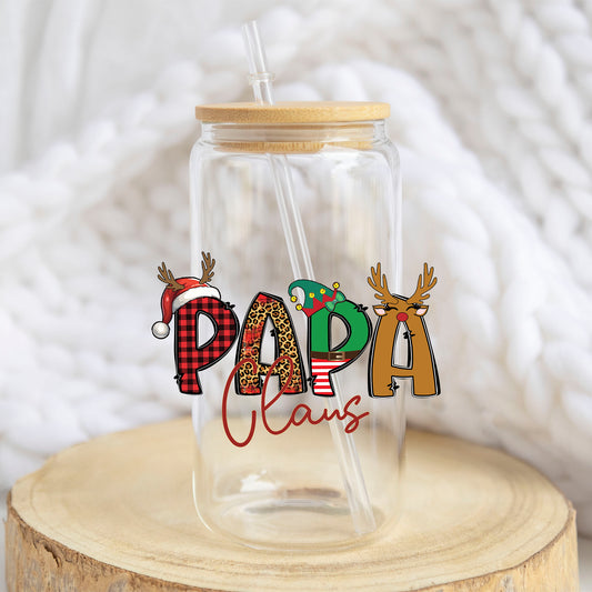 Papa Claus design on a 16 oz glass tumbler