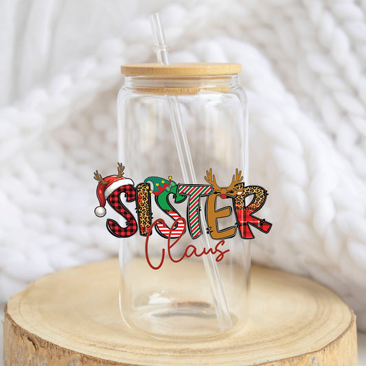 Sister Claus design on a 16 oz glass tumbler