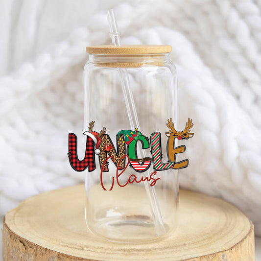 Uncle Claus design on a 16 oz glass tumbler