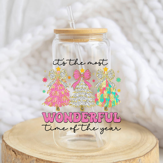 It's the Most Wonderful Time of the Year design on a 16 oz glass tumbler
