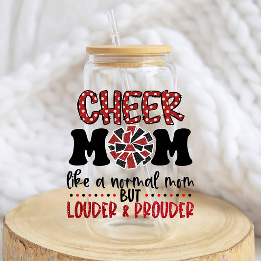 Cheer Mom Red design on a 16 oz glass tumbler