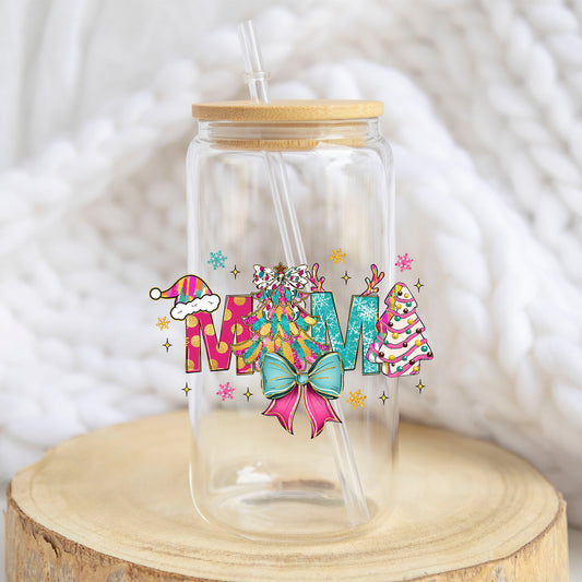 Pastel Christmas Mama design on a 16 oz glass tumbler