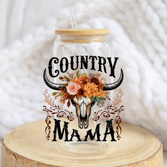 Country Mama design on a 16 oz glass tumbler