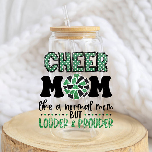 Cheer Mom Green design on a 16 oz glass tumbler