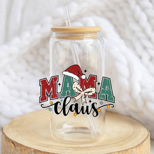Mama Claus design on a 16 oz glass tumbler