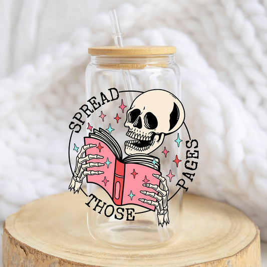 Spread Those Pages design on a 16 oz glass tumbler