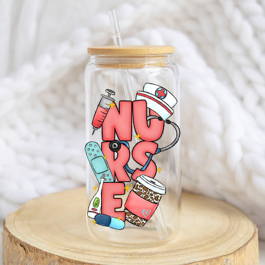 Nurse design on a 16 oz glass tumbler
