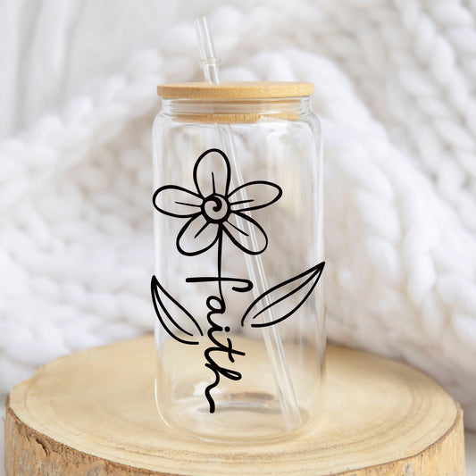 Faith Flower design on a 16 oz glass tumbler