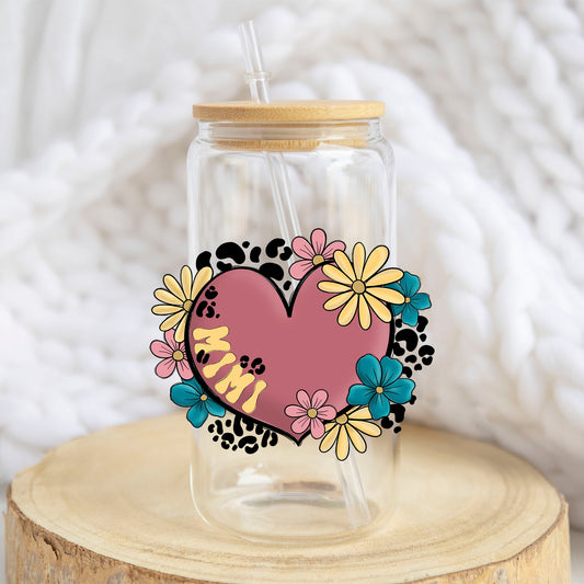 Mimi Floral Heart design on a 16 oz glass tumbler