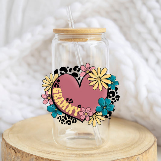 Grammy Floral Heart design on a 16 oz glass tumbler