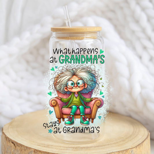 What Happens at Grandma's Stays at Grandma's design on a 16 oz glass tumbler