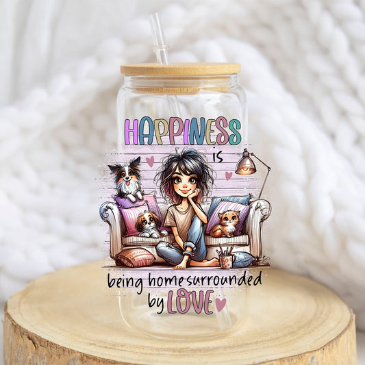 Happiness Is Being Home design on a 16 oz glass tumbler
