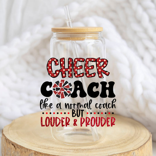 Cheer Coach design on a 16 oz glass tumbler