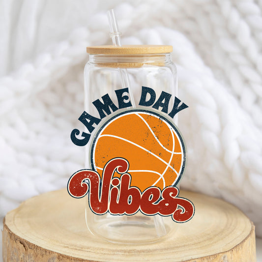 Basketball Game Day Vibes design on a 16 oz glass tumbler