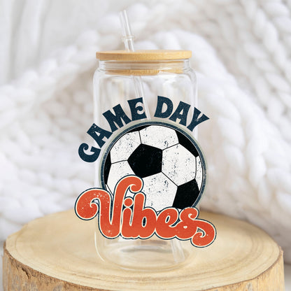 Soccer Game Day Vibes design on a 16 oz glass tumbler