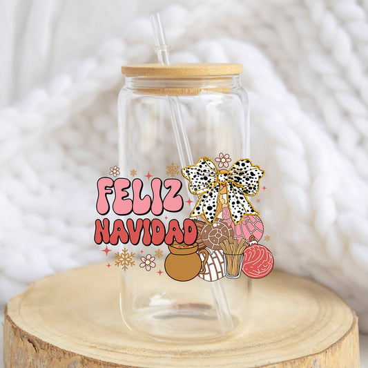 Feliz Navidad Coquette design on a 16 oz glass tumbler