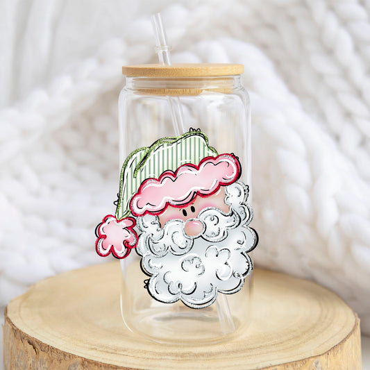 Pink Santa Face design on a 16 oz glass tumbler