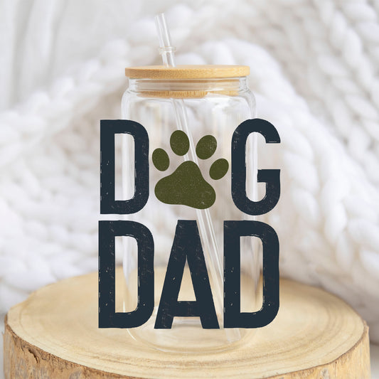 Dog Dad design on a 16 oz glass tumbler