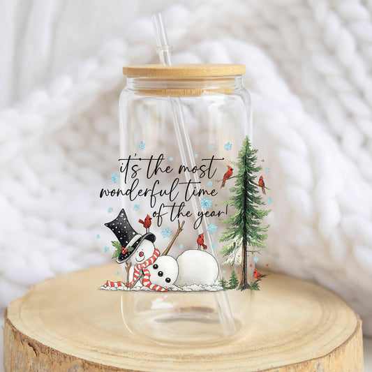 It's the Most Wonderful Time of the Year design on a 16 oz glass tumbler