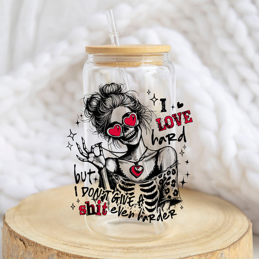 I Love Hard Pink design on a 16 oz glass tumbler