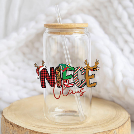 Niece Claus design on a 16 oz glass tumbler