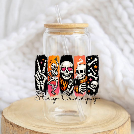 Stay Creepy design on a 16 oz glass tumbler