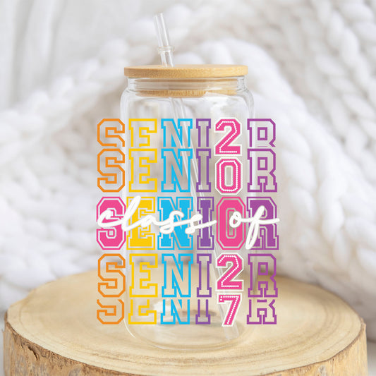 Senior 2027 design on a 16 oz glass tumbler