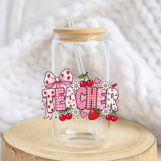 Strawberry Teacher design on a 16 oz glass tumbler