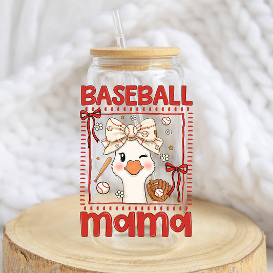 Baseball Mama Goose design on a 16 oz glass tumbler