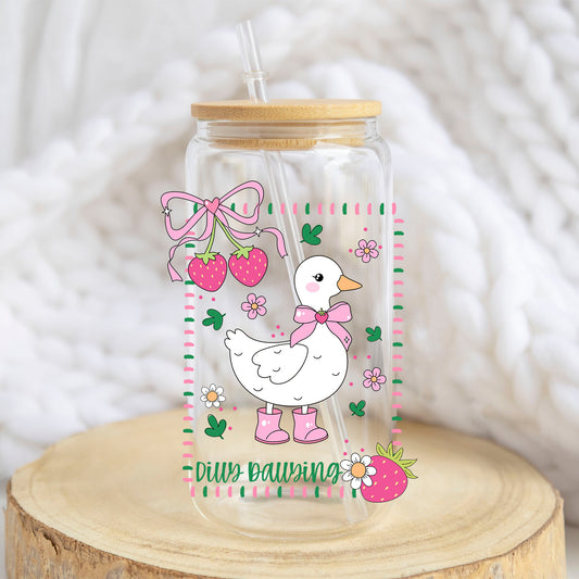Dilly Dallying design on a 16 oz glass tumbler